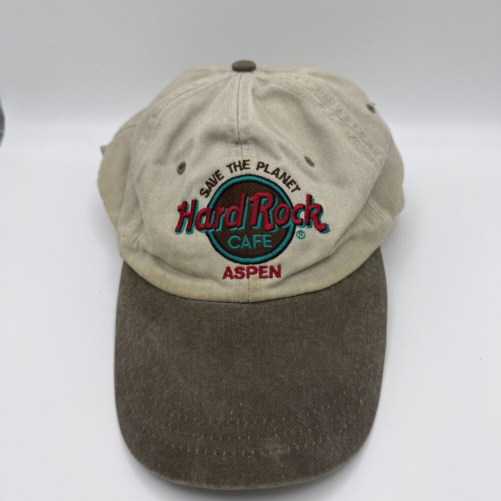 Vintage Hard Rock Cafe Aspen Hat Cap Save The Planet Two Tone Beige Brown